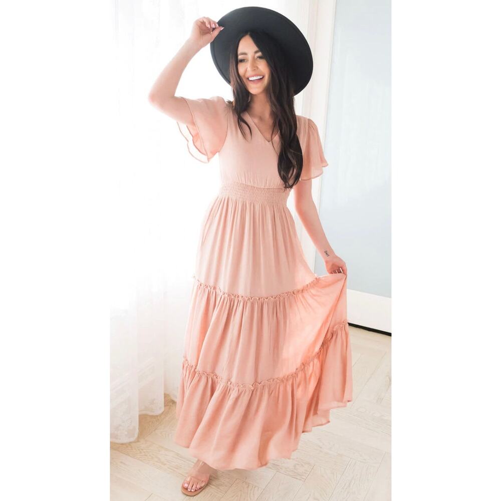 Mikarose Apricot Flutter Sleeve Boho Whimsical Tiered V-Neck Maxi Dress Sz L NWT - Picture 10 of 12